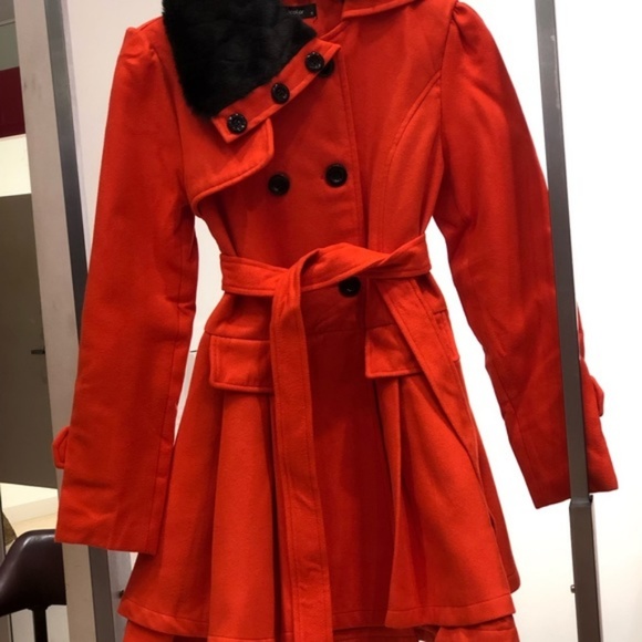 Red & Black Faux Fur Fit & Flare Button Jacket - Picture 6 of 7